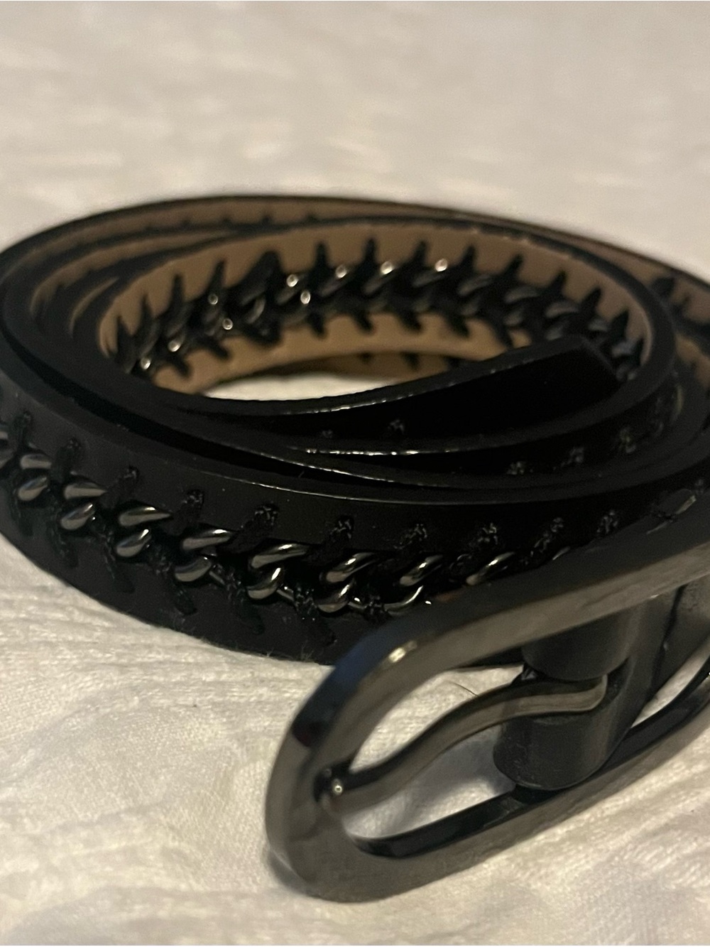 Black Men’s Leather Chain-Trim Belt